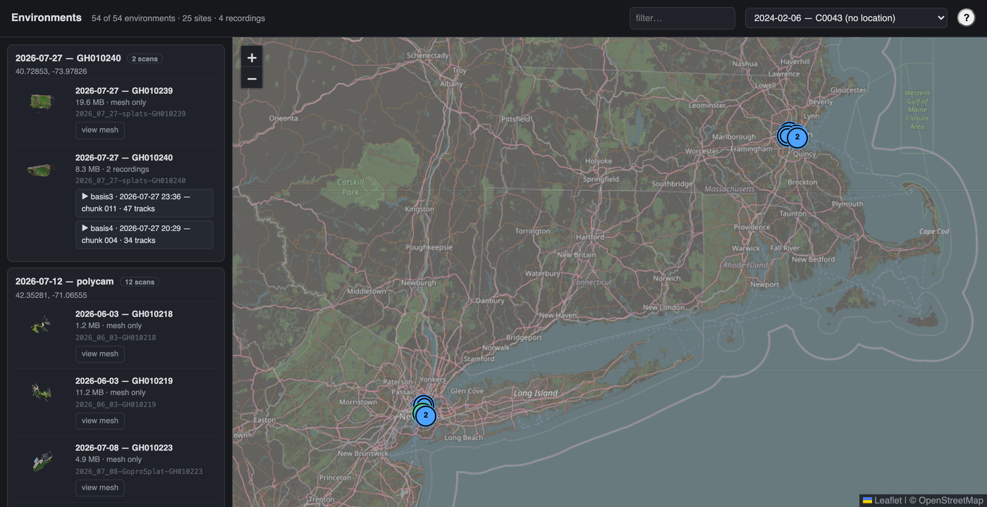 Map browser of the environment explorer: markers for sites in Boston and New York, a sidebar listing scans and recordings.